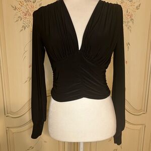 Ruched Black V-Neck Long-Sleeve Women's Blouse